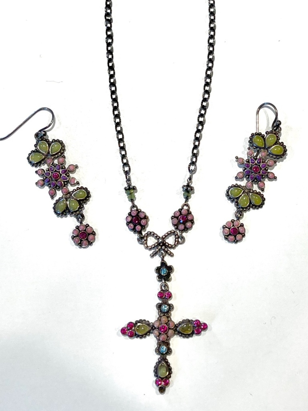 BARSE 925 Sterling Silver PINK & GREEN GEMSTONES Cross Necklace & Earrings Set